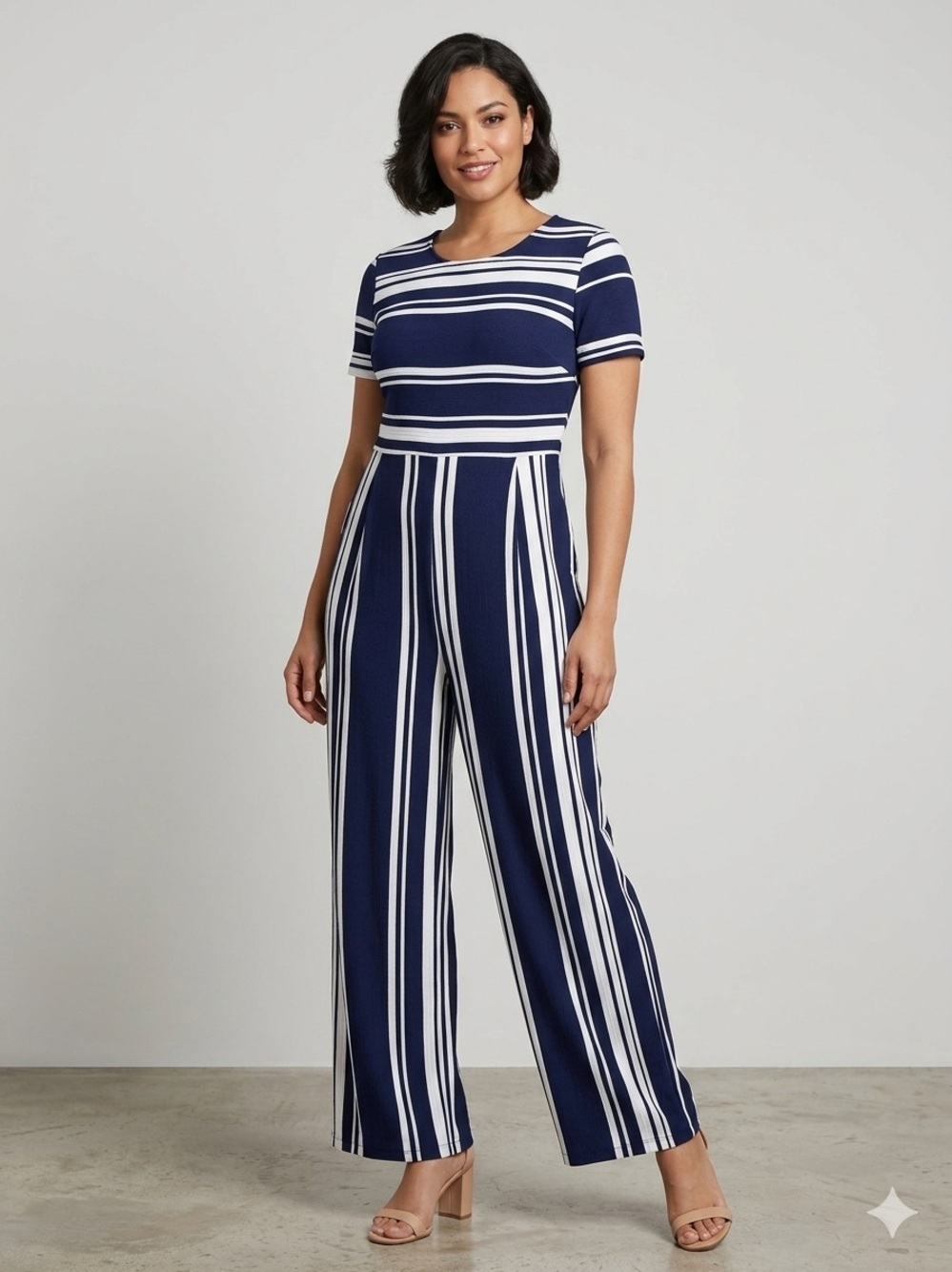 Ellen Weaver Striped Navy Blue and White Textured Pantsuit, Women’s Size 10